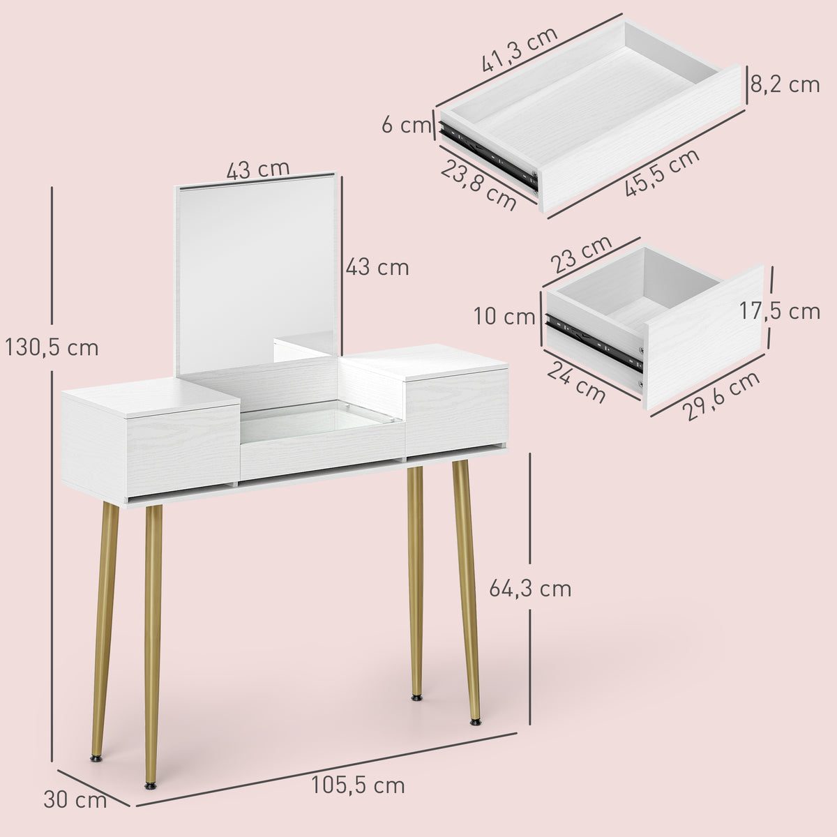 Tocador de Maquilhagem com Espelho Tocador com Bancada de Vidro Temperado 3 Gavetas Mesa de Maquilhagem Moderna para Dormitório 105,5x30x130,5 cm Branco — foto 3
