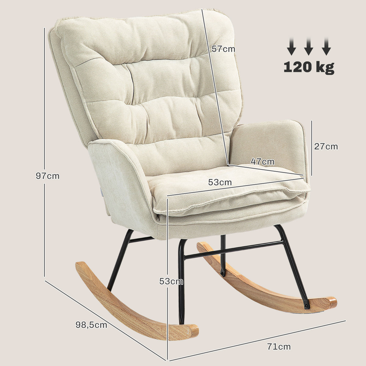 Poltrona Baloiço Estofada em Chenilla Cadeira Baloiço com Pés de Madeira de Faia e Apoio para os Braços para Lactância Carga 120 kg para Dormitório Sala de Estar 71x98,5x97 cm Bege — foto 3