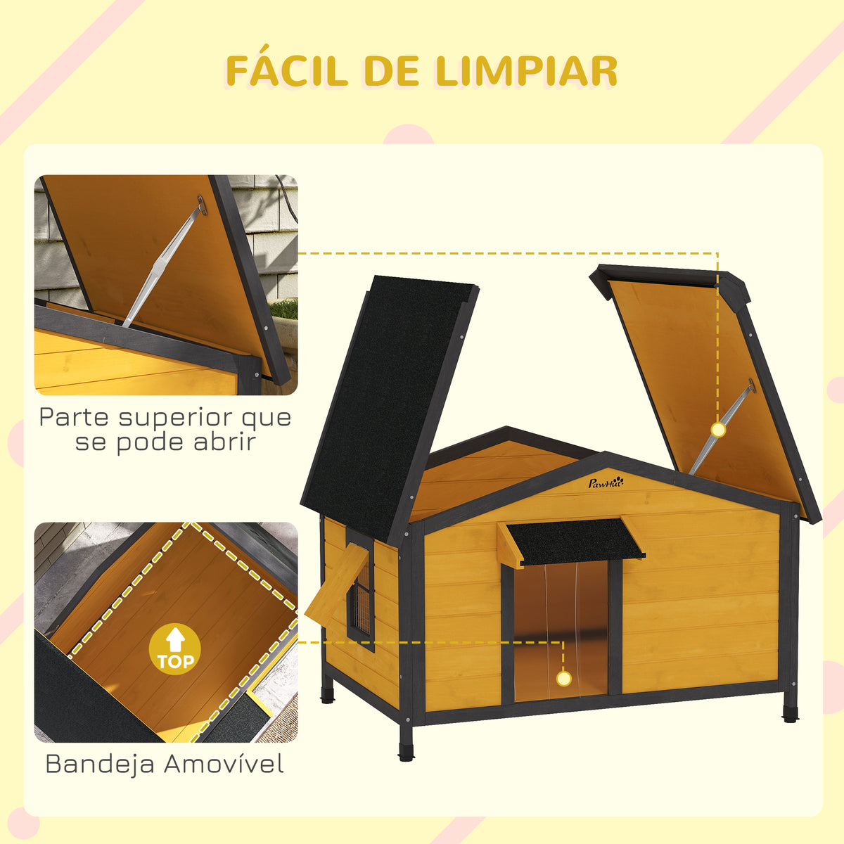 Casa para Cães de Madeira 97x72x65 cm Casa para Animais de Estimação com Teto Asfáltico 2 Janelas Porta com Cortina e Base Amovível Madeira — foto 5