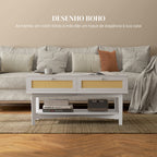 Mesa de Centro com 2 Gavetas Decorativas de Vime e Prateleira de Armazenamento Inferior para Sala de Estar Escritório Carga 50 kg 100x50x50 cm Branco — foto 4
