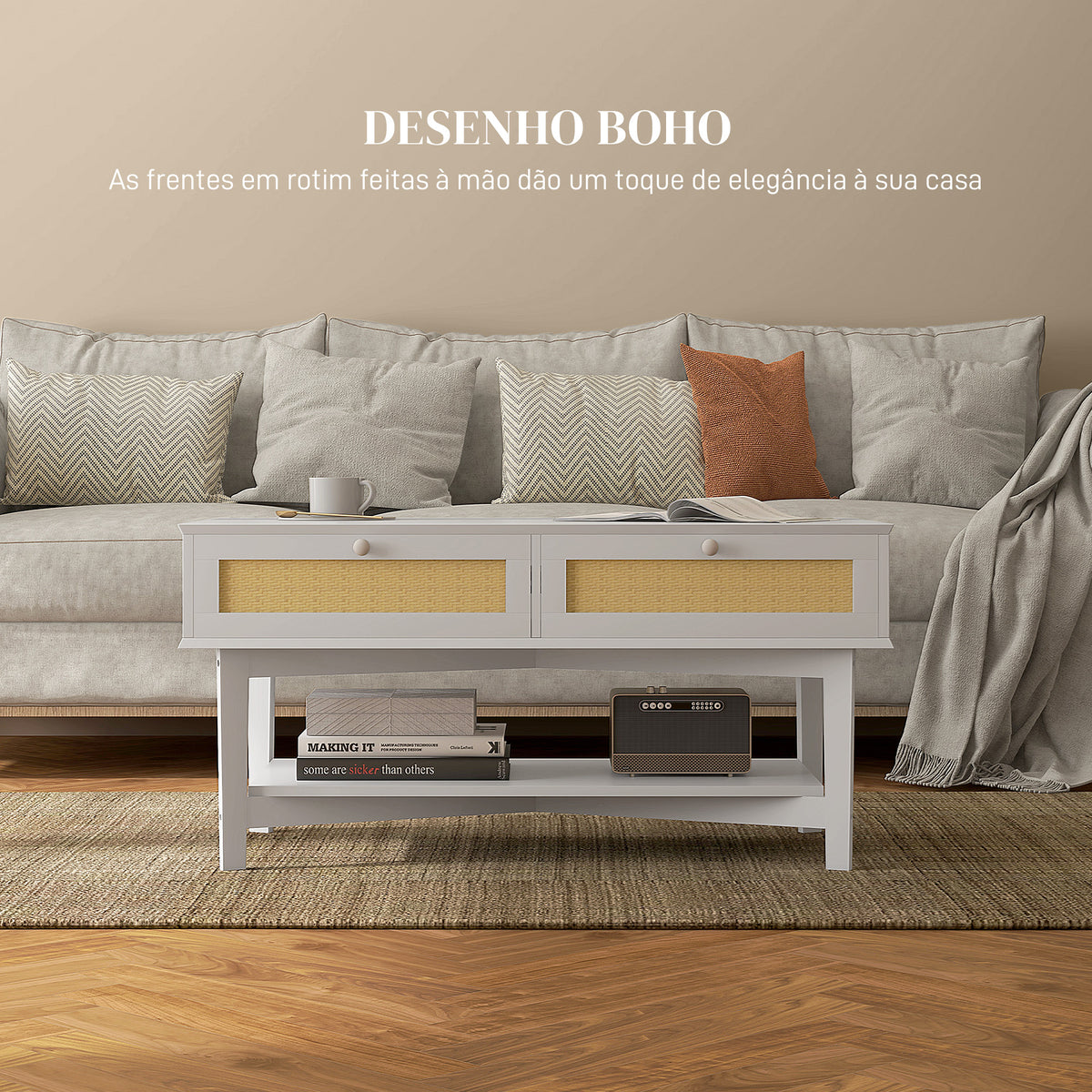 Mesa de Centro com 2 Gavetas Decorativas de Vime e Prateleira de Armazenamento Inferior para Sala de Estar Escritório Carga 50 kg 100x50x50 cm Branco — foto 4