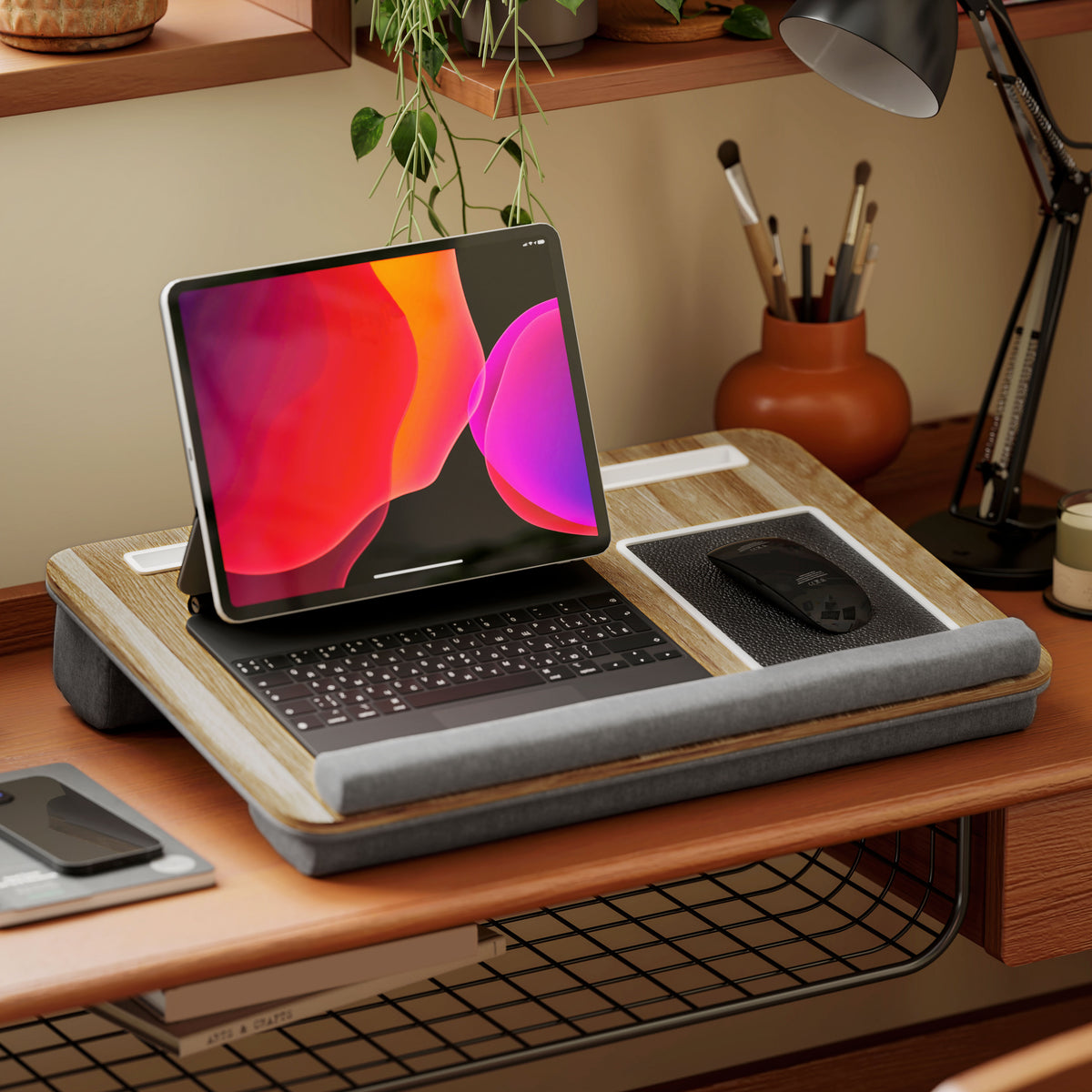 Suporte para Portátil com Amofada Suporte para Portátil com Ranhura para Tablet Almofada para Mouse Apoio para os Punhos Mesa para Portátil para Casa Escritório 55,5x37x9 cm Carvalho — foto 2