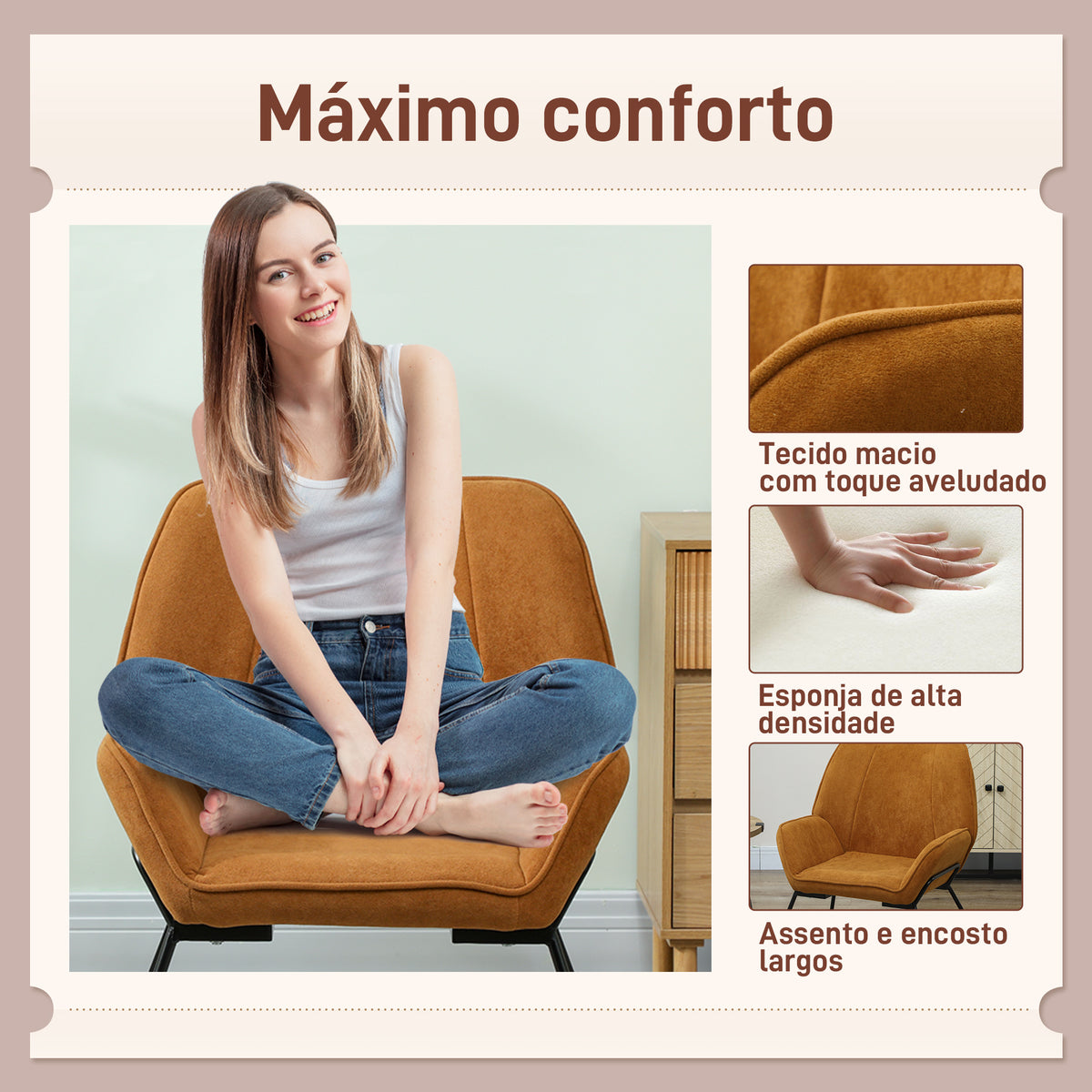 Poltrona Sala de Estar Moderna Poltrona de Leitura com Assento Largo e Acolchoado Estofada em Veludo Pés de Metal Poltrona para Dormitório 70x67,5x87 cm Marrom — foto 4