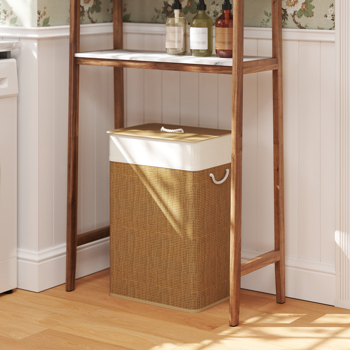 Cesto de Roupa com Tampa 72L Cesto de Roupa de Bambu com Bolsa Interior Removível e Alças para Lavandaria Dormitório 40x30x60 cm Madeira e Creme — foto 2