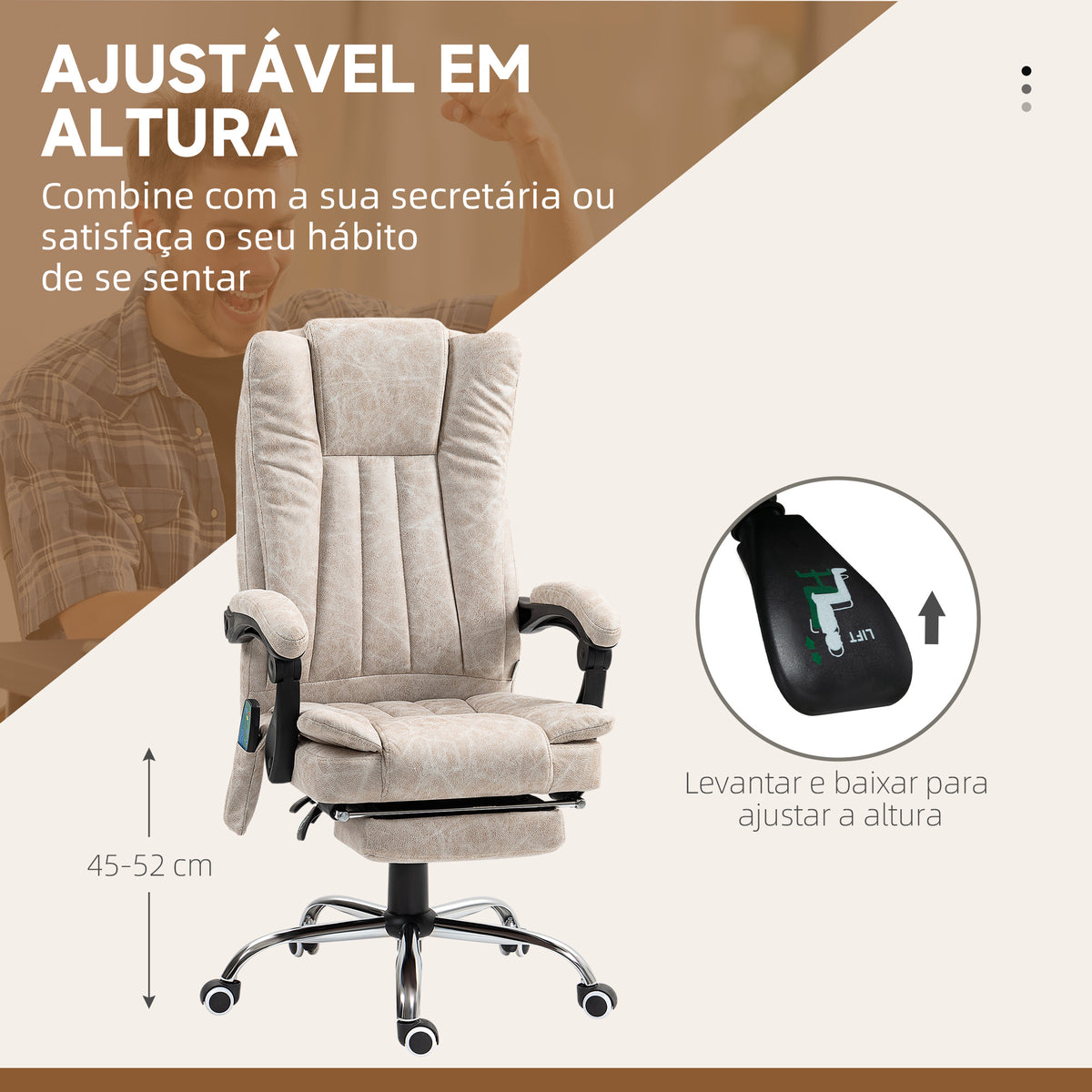 Cadeira de Massagem com 6 Pontos de Massagem Cadeira giratória de Escritório Reclinável com Altura Ajustável Função de Aquecimento Apoio para os Pés Retrátil e Comando à Distância Creme — foto 5
