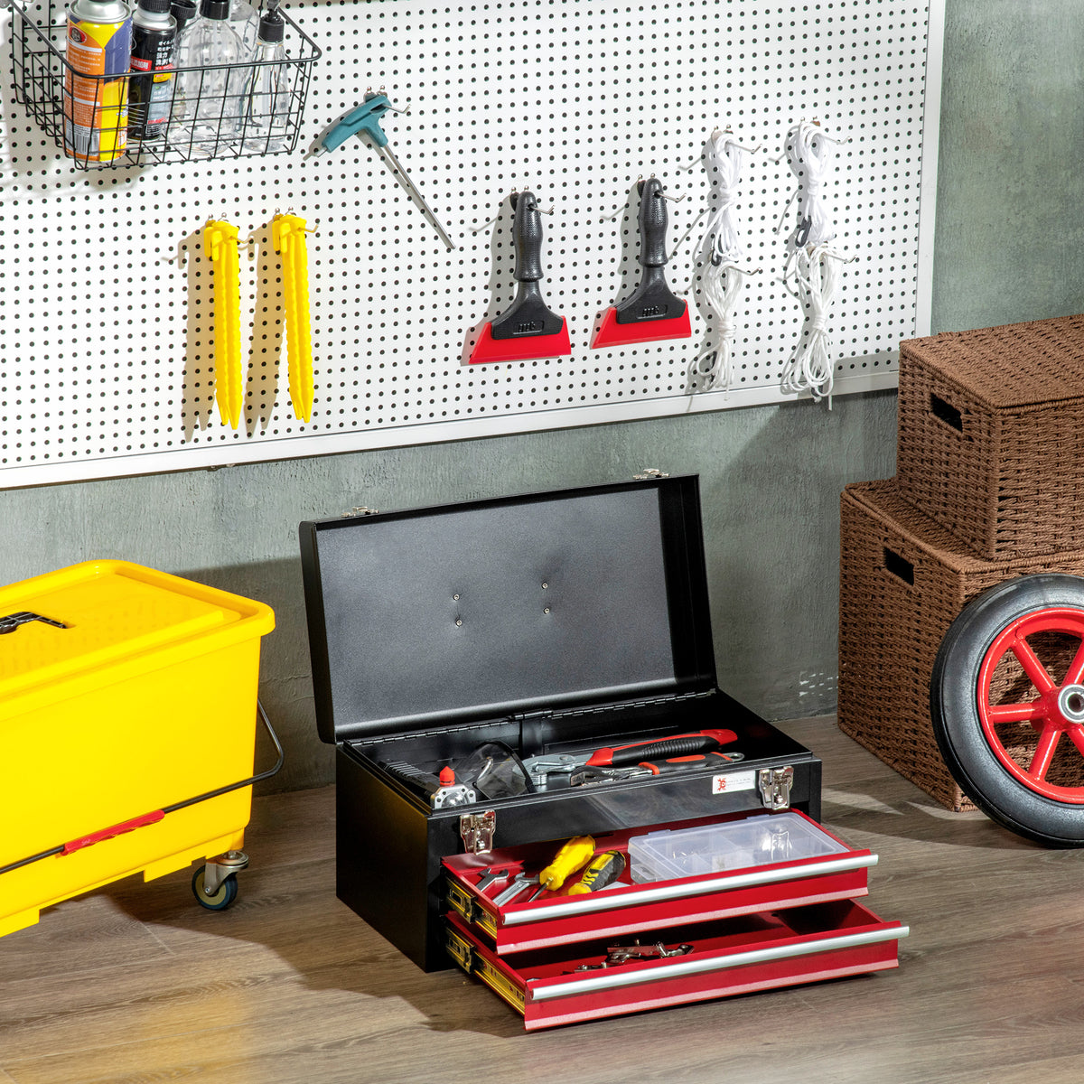 Caixa de Ferramentas de Aço com 2 Gavetas Tampa Abatível e Fechaduras Metálicas Mala de Ferramentas Portátil para Oficina Bricolage Casa 46x24x22 cm Preto e Vermelho — foto 2