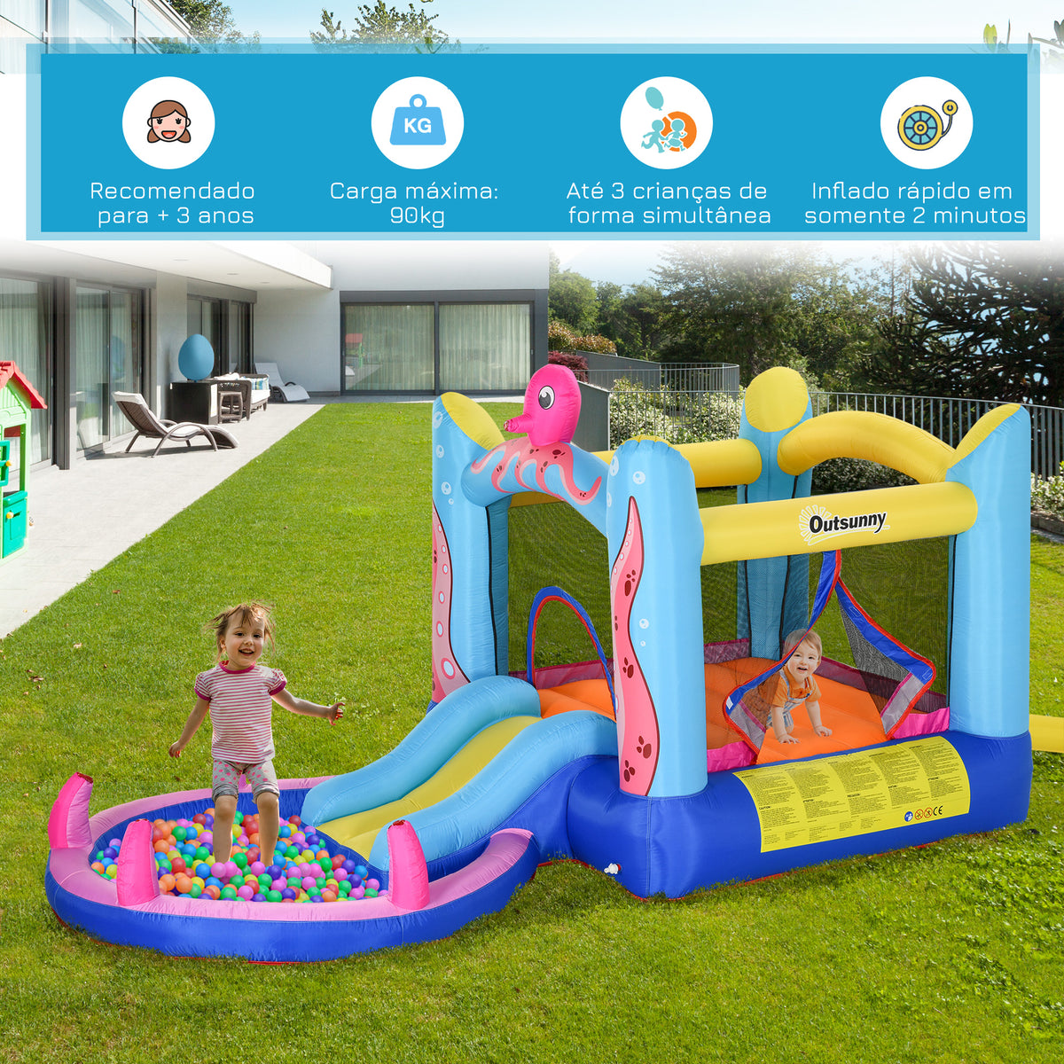 Castelo Insuflável com Escorrega Trampolim e Piscina para Crianças acima de 3 Anos Inclui Insuflador e Bolsa de Transporte para Interior e Exterior 360x175x180cm Multicor — foto 5