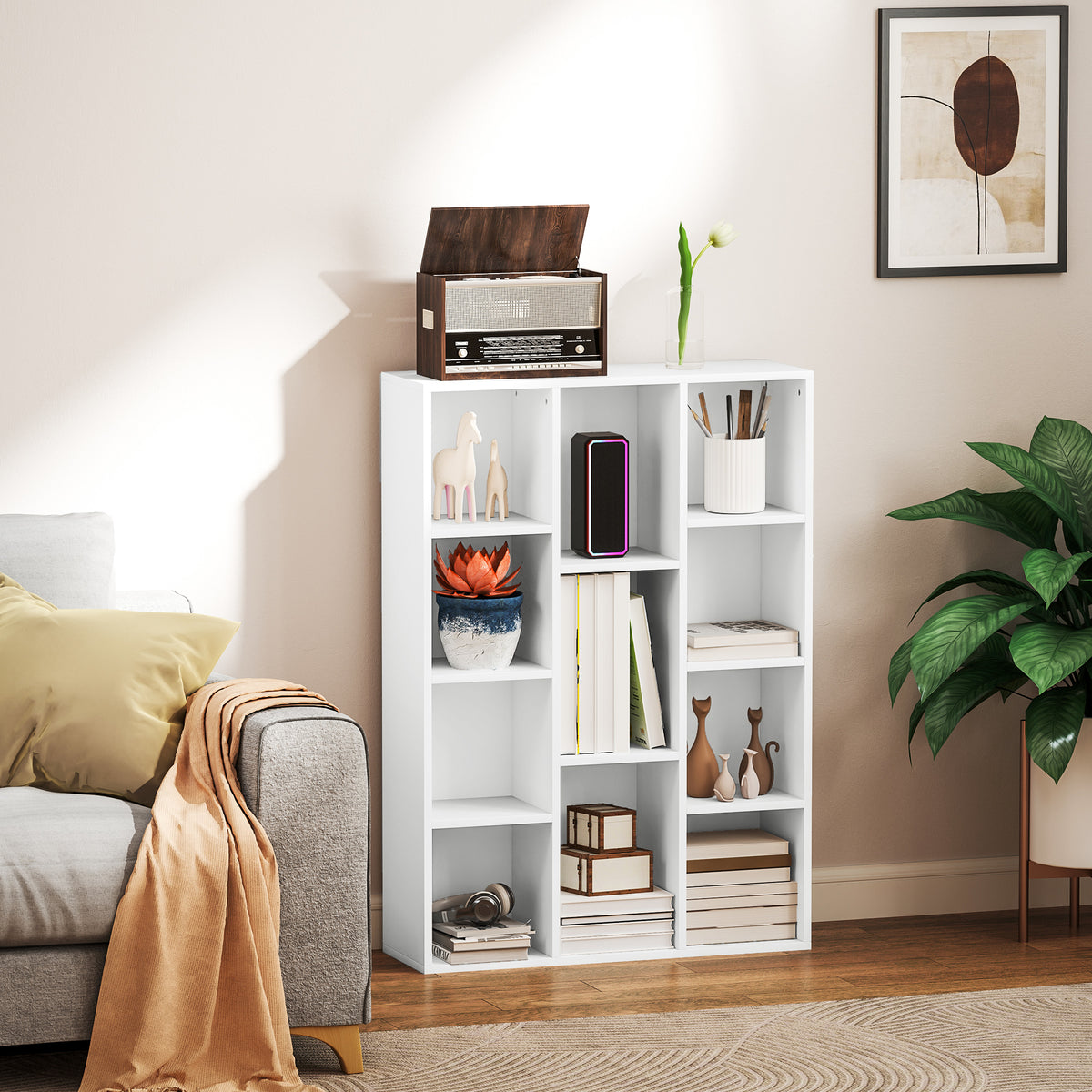 Estante de 3 Níveis Estante para Livros com 11 Compartimentos Desenho Vertical ou Horizontal para Sala de Estar Escritório Dormitório 74,3x24x106 cm Branco — foto 2