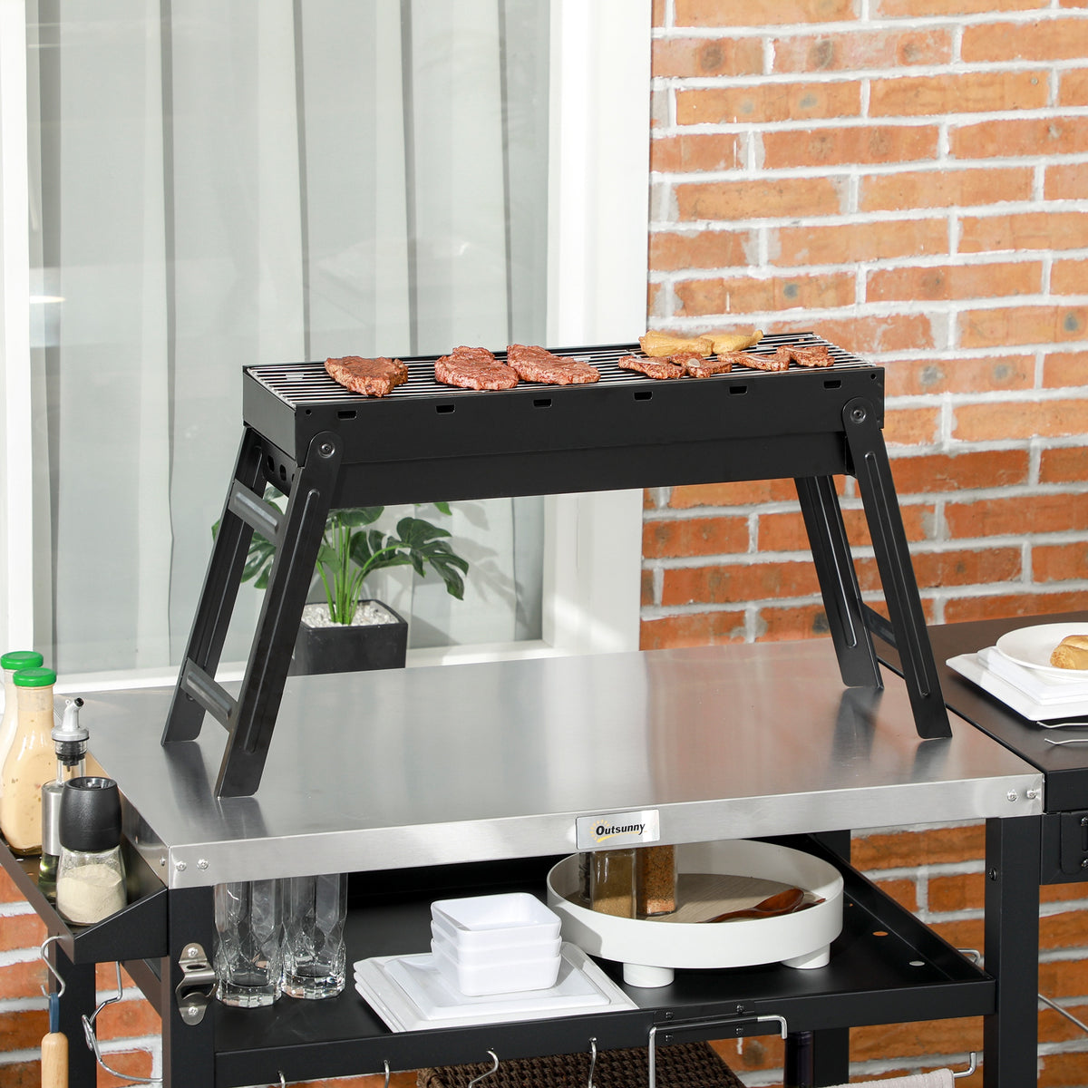 Barbecue a Carvão Dobrável Barbecue Portátil com Grelhas de Aço Inoxidável Barbecue de Carvão para Exterior Campismo Jardim 74x20x38 cm Preto — foto 2