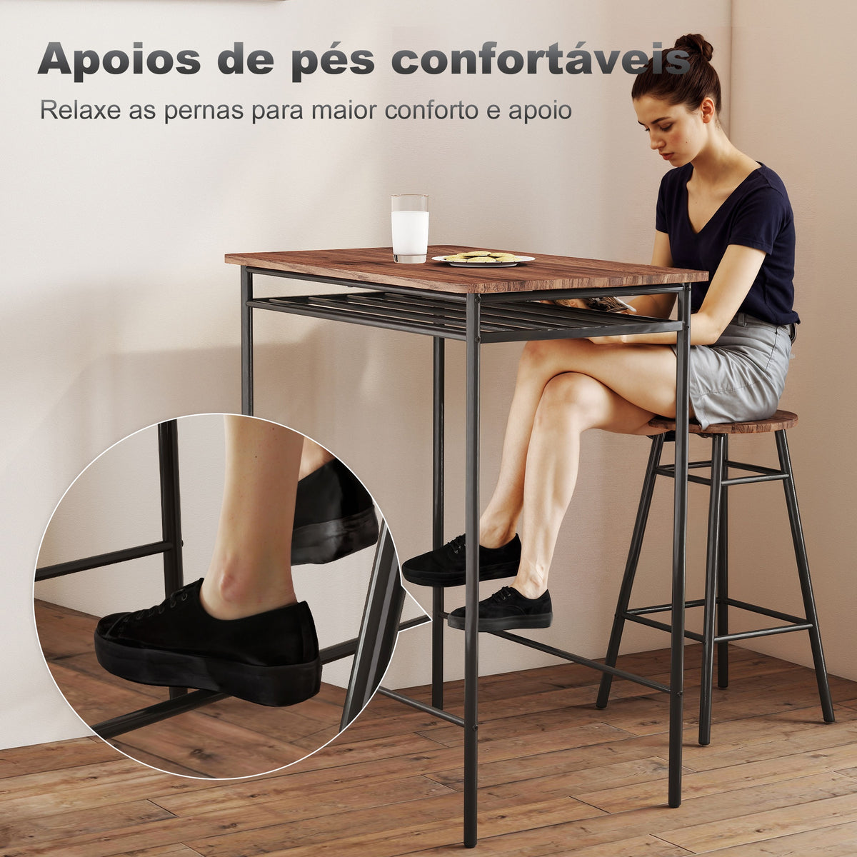 Conjunto de Mesa e Bancos de Bar Mesa Alta de Cozinha com 2 Bancos Industrial Prateleira Aberta Apoio para Pés Economia de Espaço para Espaços Reduzidos Sala de Estar Castanho — foto 6