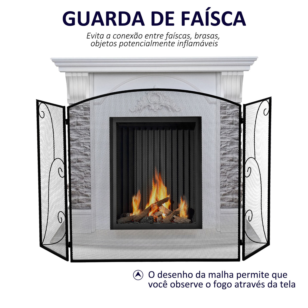 Frente para Lareira de 3 Painéis Frente para Lareira Dobrável com Dobradiças Estrutura Metálica Malha Decorativa 132,5x76,5cm Preto — foto 4