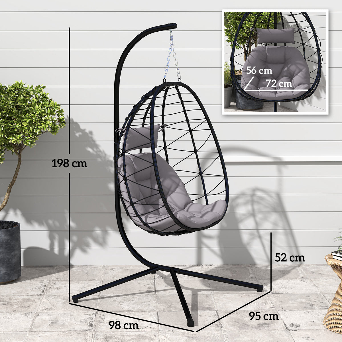 Cadeira Suspensa com Suporte Baloiço Jardim com Cesto Dobrável Almofada e Apoio de Cabeça Baloiço Suspenso para Interior e Exterior Carga 120 kg 98x95x198 cm Cinzento — foto 3