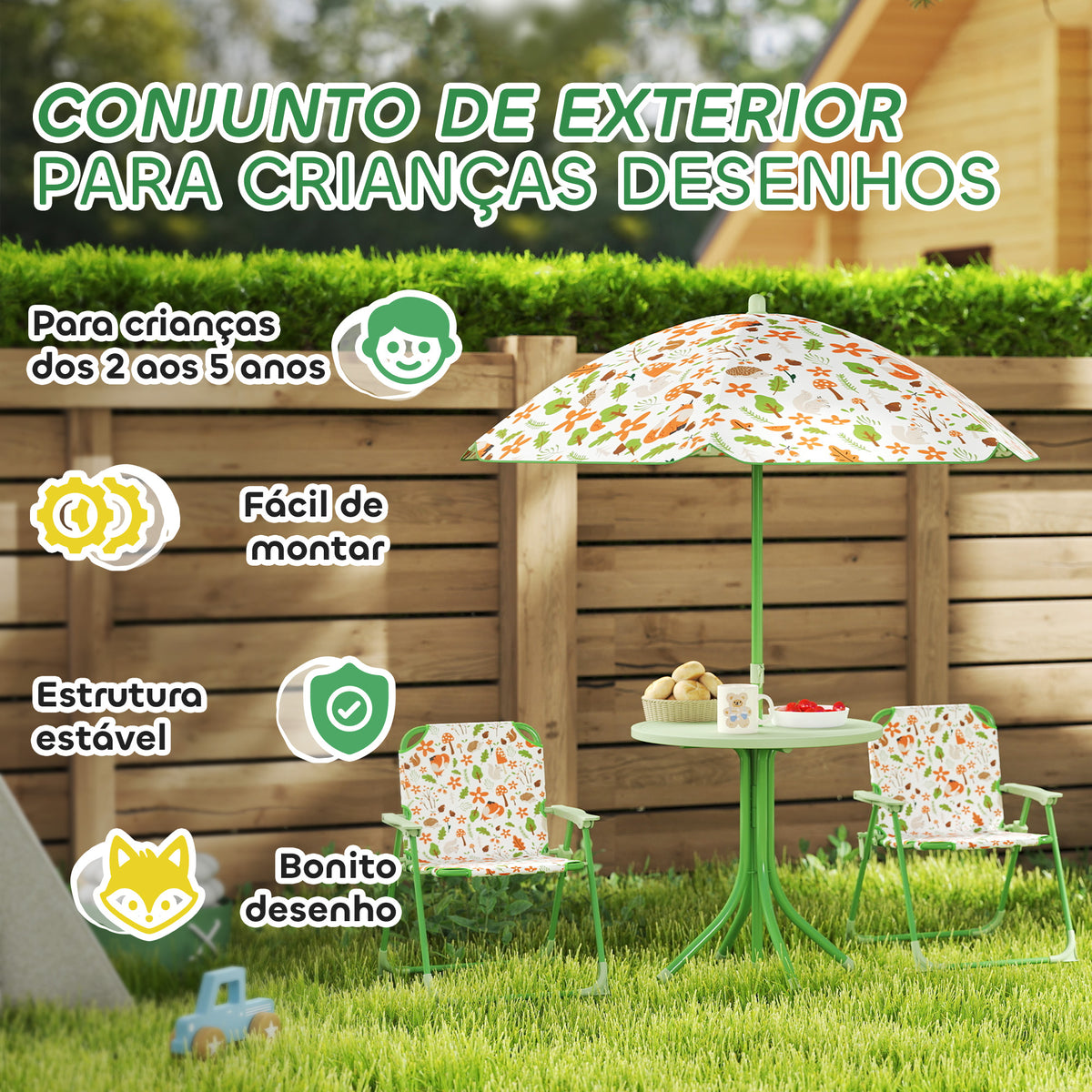 Conjunto de Mesa e Cadeiras para Crianças de Jardim Mesa Infantil com Cadeiras Dobráveis Chapéu de Sol Ajustável e Desenho de Raposas para Pátio Piquenique Verde — foto 7
