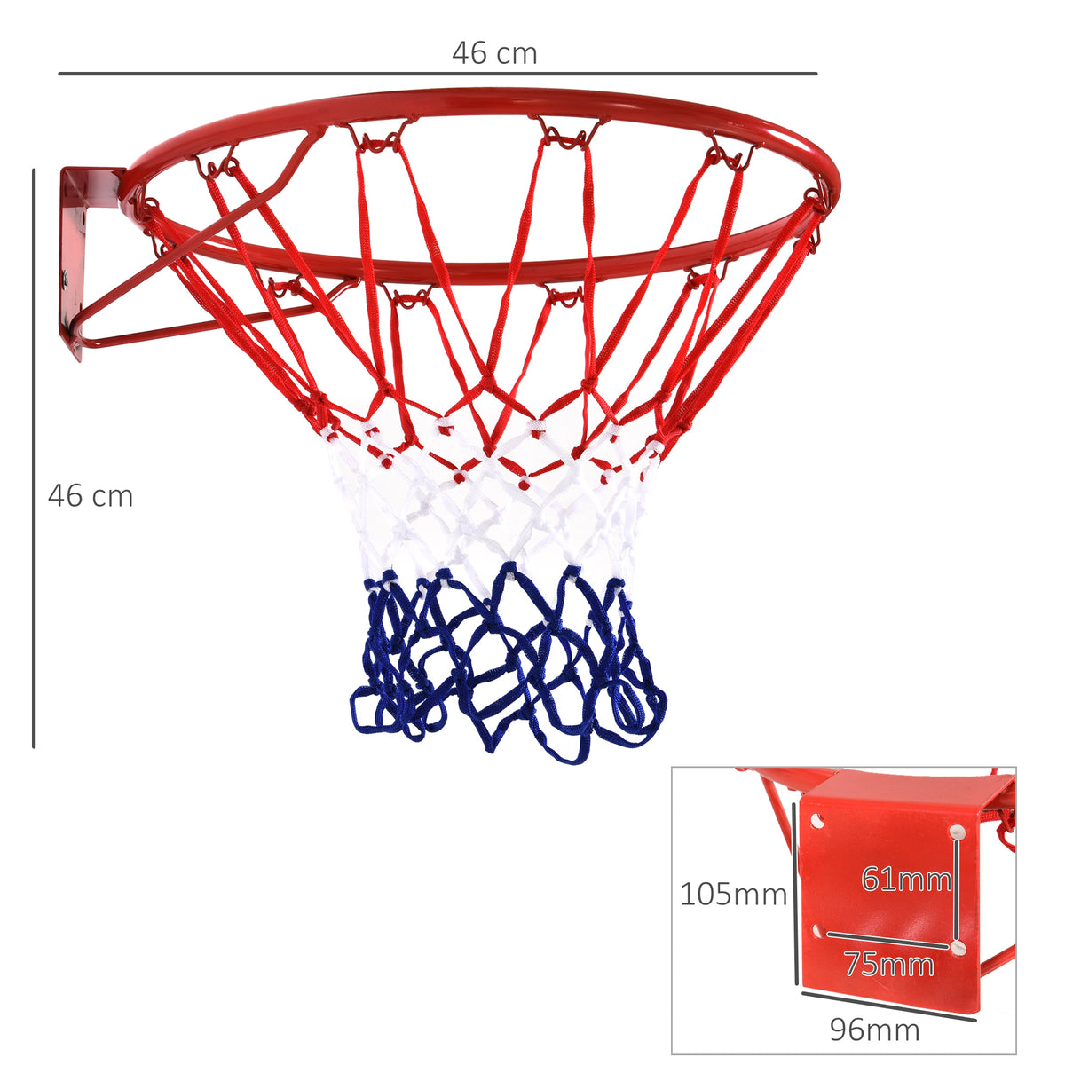 Cesta de Basquetebol de Parede Ø46 cm Aro de Basquetebol com Rede Estrutura Metálica 12 Ganchos para Interior e Exterior Vermelho — foto 3