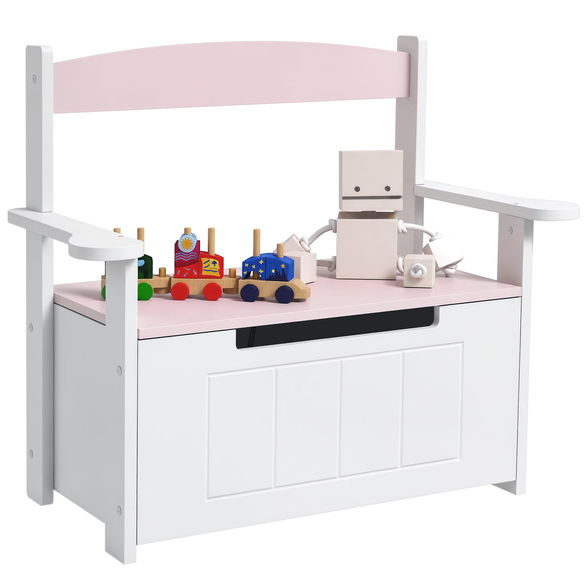 Baú de Brinquedos Infantil Banco de Armazenamento para Crianças com Encosto e Tampa Amortecida Suporta 30 kg para Salas de Jogos Quarto 68,5x34x58 cm Rosa e Branco — foto 1