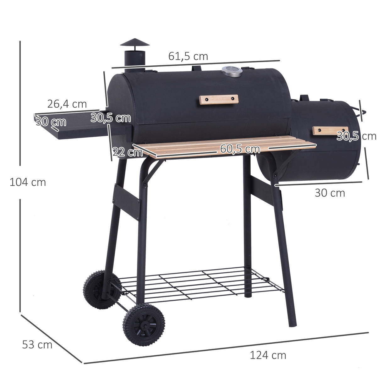 Barbecue a Carvão 2 em 1 Defumador e Grelha Barbecue com Termómetro Rodas e Prateleiras para Ar Livre Campismo Exterior 124x53x104cm Preto — foto 3
