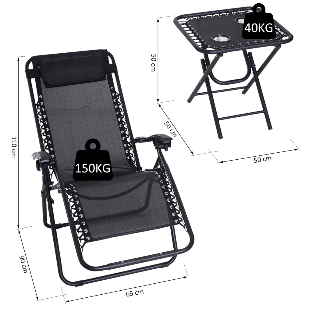 Conjunto de 1 Mesa e 2 Espreguiçadeiras Conjunto de Exterior Dobrável e Portátil para Jardim Praia Relaxante com Encosto Reclinável Textilene Aço Preto — foto 3