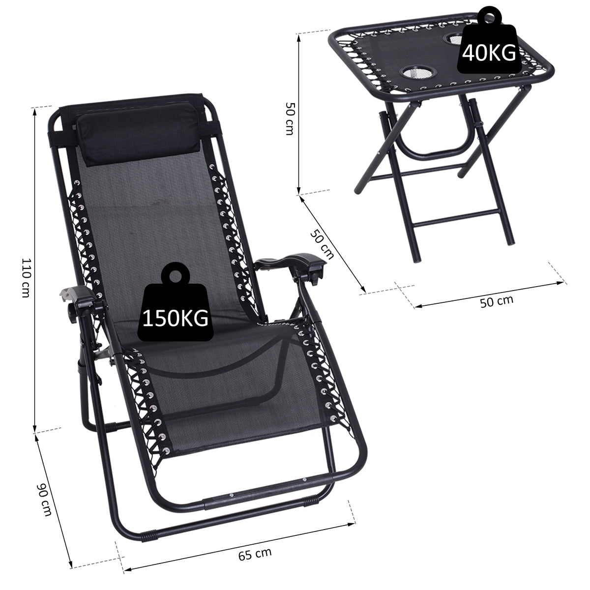 Conjunto de 1 Mesa e 2 Espreguiçadeiras Conjunto de Exterior Dobrável e Portátil para Jardim Praia Relaxante com Encosto Reclinável Textilene Aço Preto — foto 3