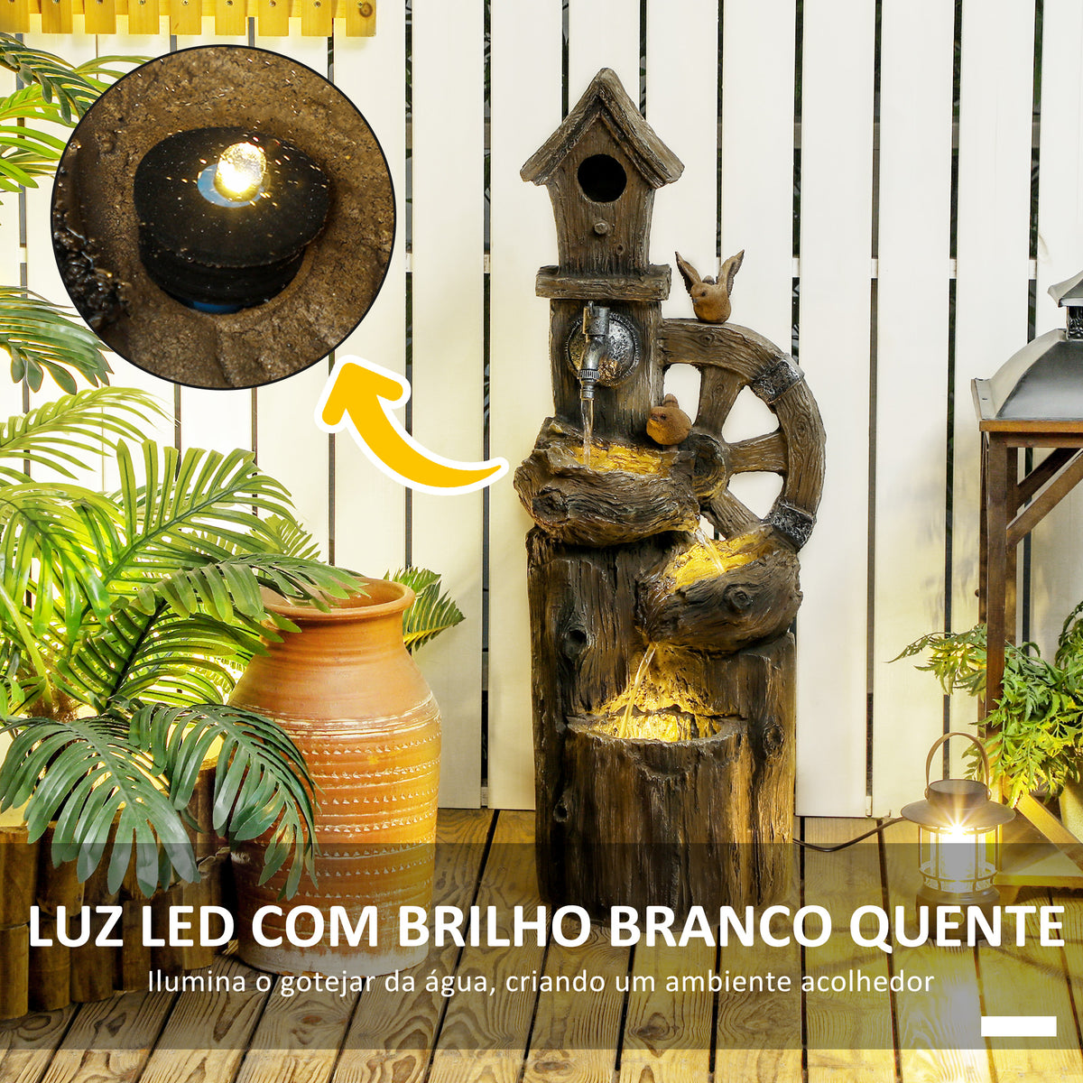 Fonte de Jardim 2 em 1 com Casa para Pássaros Fonte de Água de Exterior com Luzes LED Bomba Fonte Decorativa com Troncos de Árvore Multicor — foto 5
