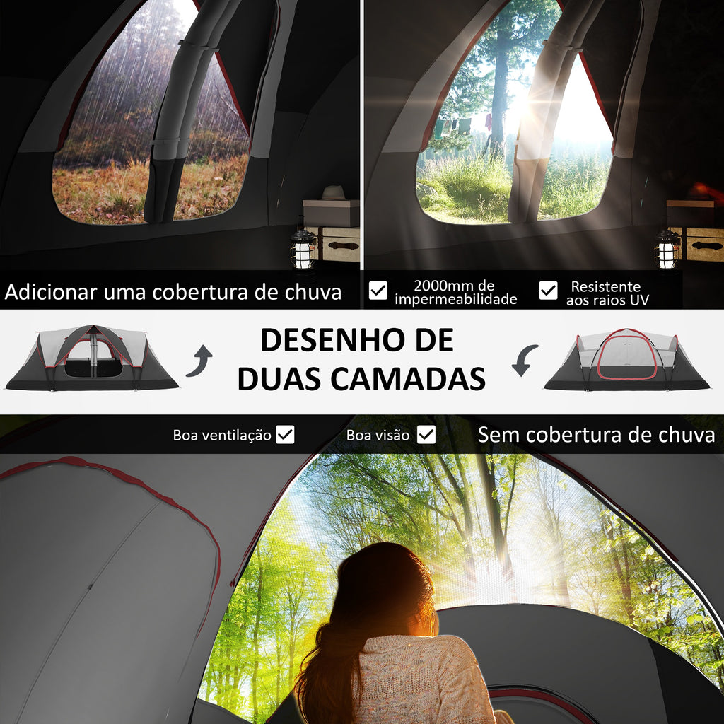 Tenda de Campismo Familiar para 4-5 Pessoas Tenda de Campismo Dobrável com 2 Quartos e Bolsa de Transporte Impermeável para Trekking 450x215x180 cm Cinza — foto 4