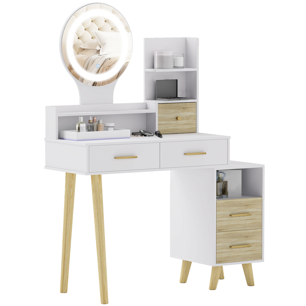 Toucador com Espelho e Luzes LED Ajustáveis Mesa de Maquilhagem Moderna com 5 Gavetas 4 Compartimentos e 1 Prateleira 100x44x137 cm Branco e Madeira — foto 1