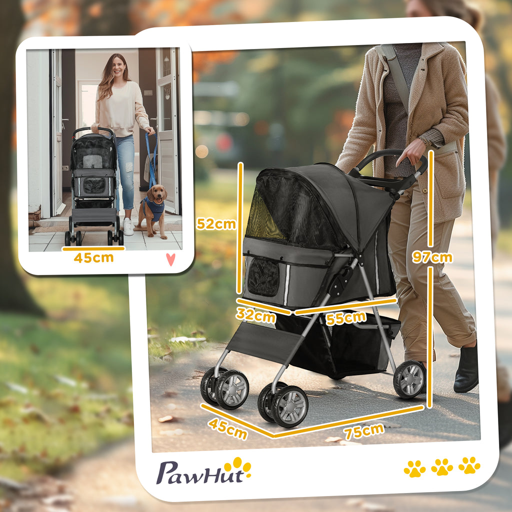 Carrinho para Cães Plegável, Coche para Cães Pequenos com Cesto de Armazenamento, Janelas de Rede, Suportes para Copos, Rodas EVA, Almofada Lavável, Travões, Carga 10 kg, 75x45x97 cm, Cinzento Escuro — foto 3
