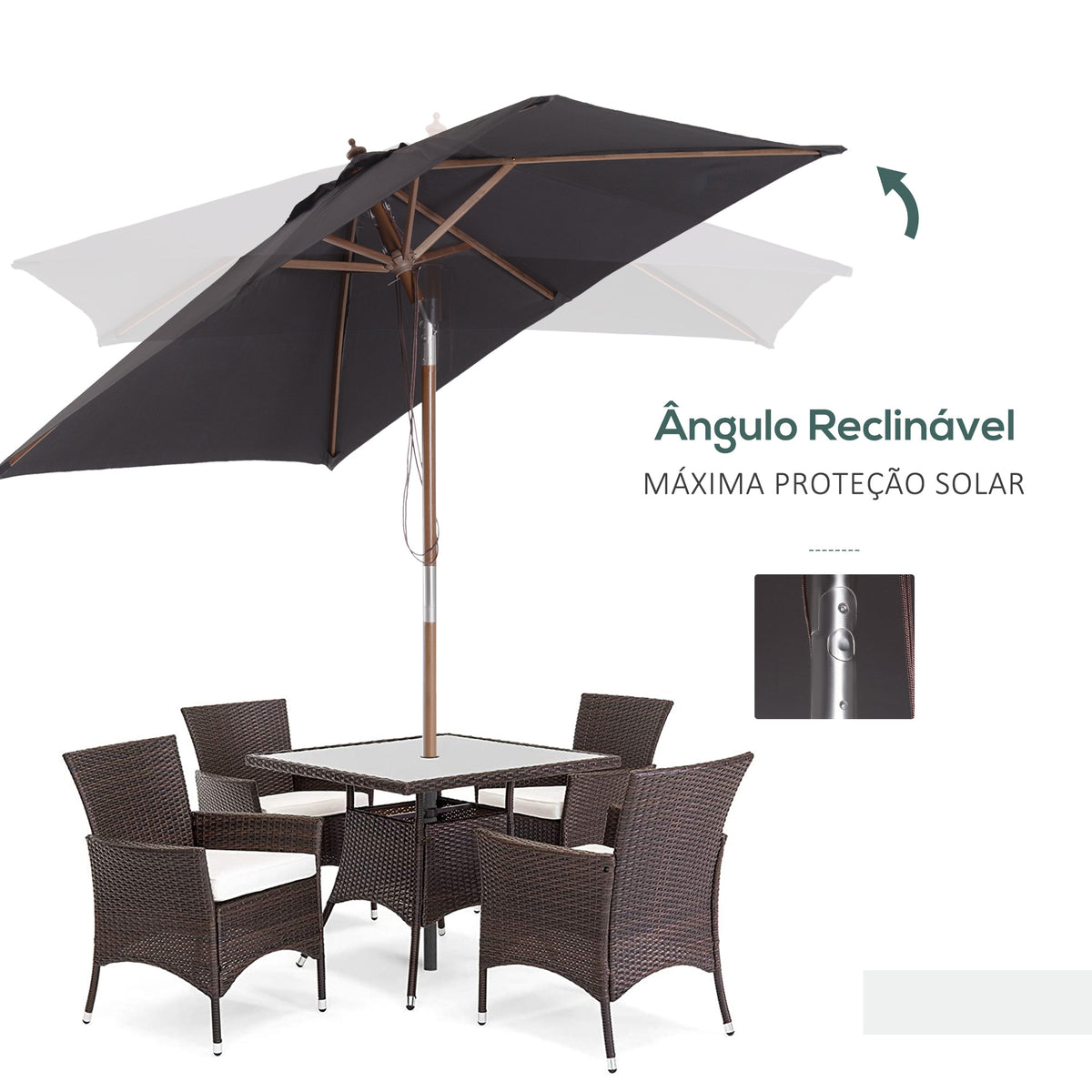 Chapéu de Sol de Jardim 200x150x230 cm Chapéu de Sol Retangular Inclinável com Polia Duplo Teto e Mastro Desmontável de Madeira para Terraço Pátio Cinzento Escuro — foto 4