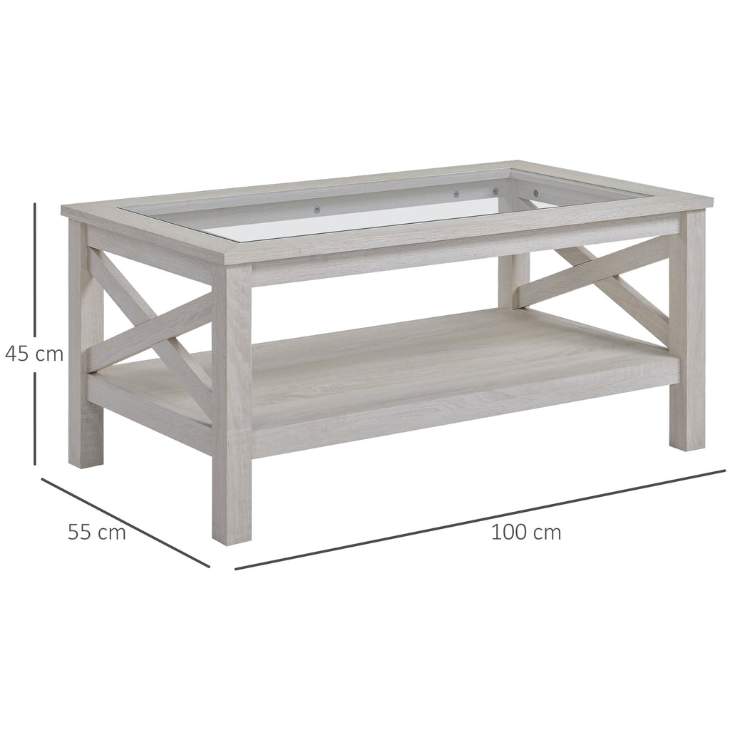 Mesa de Centro Mesa Auxiliar com Prateleira Bancada de Vidro Temperado para Sala de Estar 100x55x45cm Carvalho Branco — foto 3