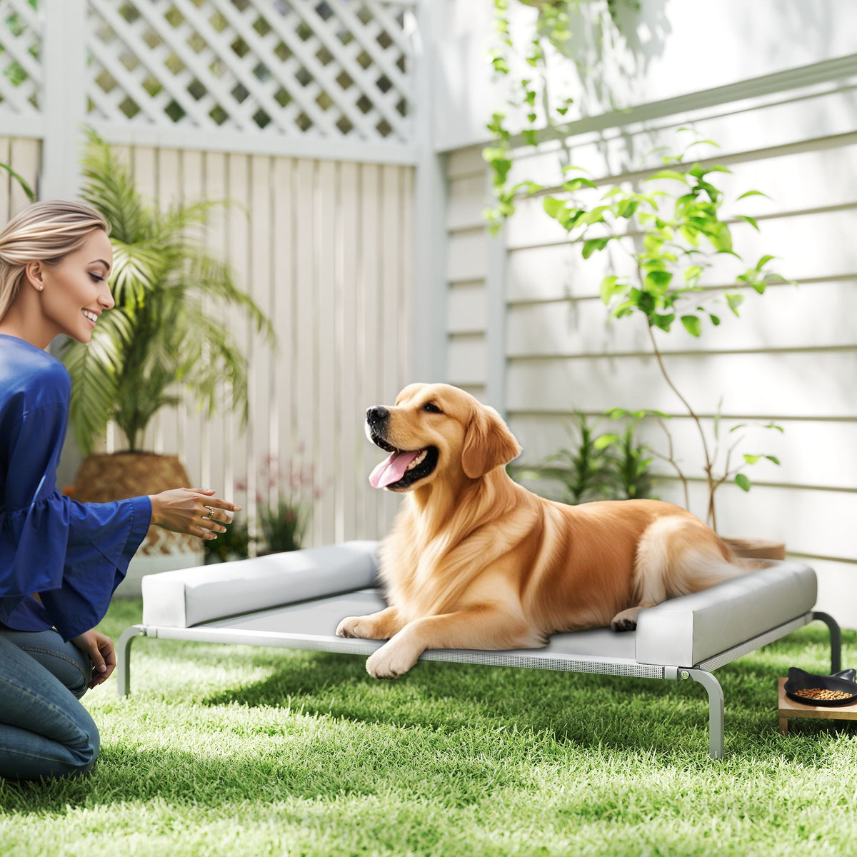 Cama Elevada para Cães com Latertais Amovíveis Cama Elevada para Cães Grandes Portátil com Malha Respirável Estrutura de Aço para Interior e Exterior 130x90x30 cm Cinza Claro — foto 2