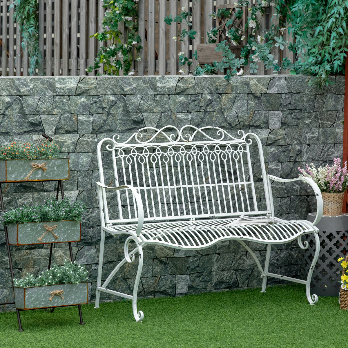 Banco de Jardim de 2 Lugares 110x60x97cm Banco de Exterior de Metal com Encosto Decorativo e Apoio para os Braços para Terraço Balção 200kg Branco — foto 2