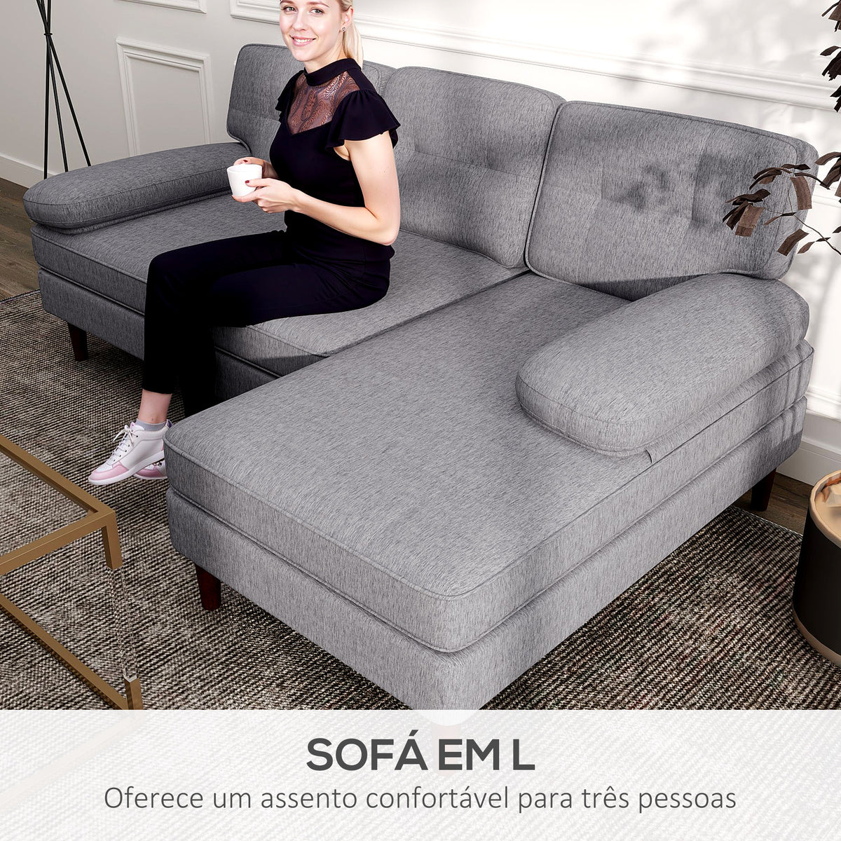 Sofá de Canto com Chaise Longue em Forma de L Estofado em Poliéster Sofá de Canto com Apoios de Braço para Sala de Estar Capacidade 250 kg 215x142x88 cm Cinza — foto 4