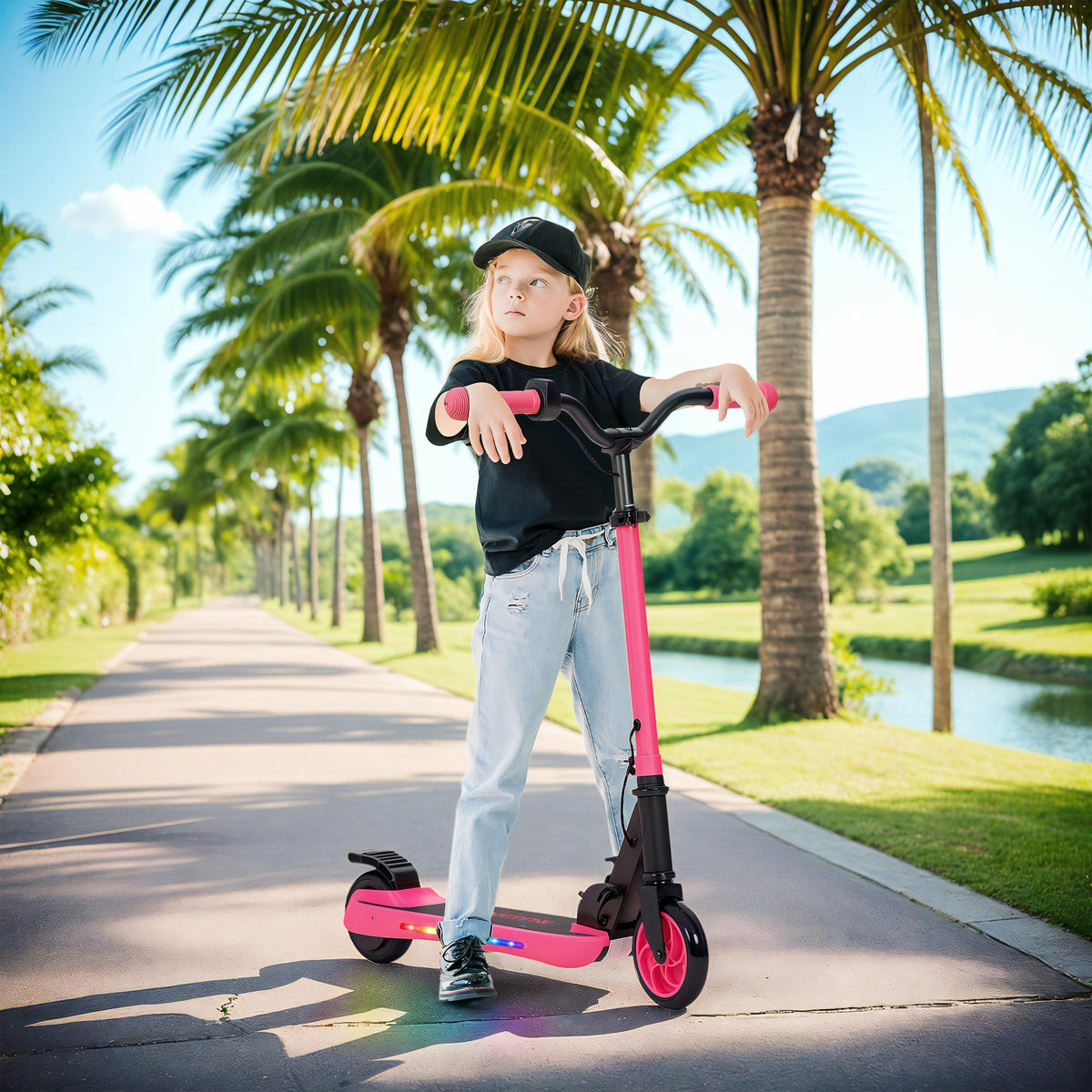 Trotinete Elétrica Dobrável para Crianças acima de 6 Anos Motor 120 W Autonomia 6 km e Máximo 10 km/h com Travão Altura Ajustável Luzes LED e Estrutura de Alumínio 74x52x83-87 cm Rosa — foto 2