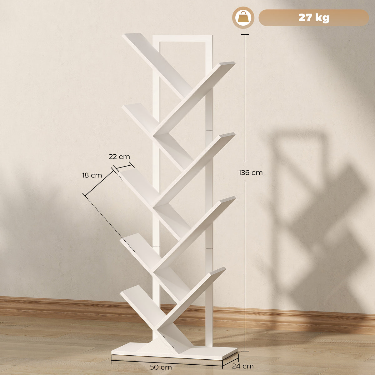 Estante em Forma de Árvore de 9 Níveis Estante de Livros com 9 Prateleiras e Estrutura de Aço para Sala de Estar Escritório Estúdio Quarto 50x24x136 cm Branco — foto 3