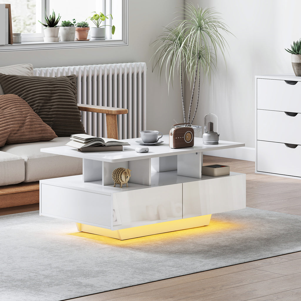 Mesa de Centro Moderna com LED Mesa de Centro com 4 Gavetas Prateleira Aberta e Luzes LED de 16 Cores para Sala de Estar 90x55x41 cm Branco Brilhante — foto 2