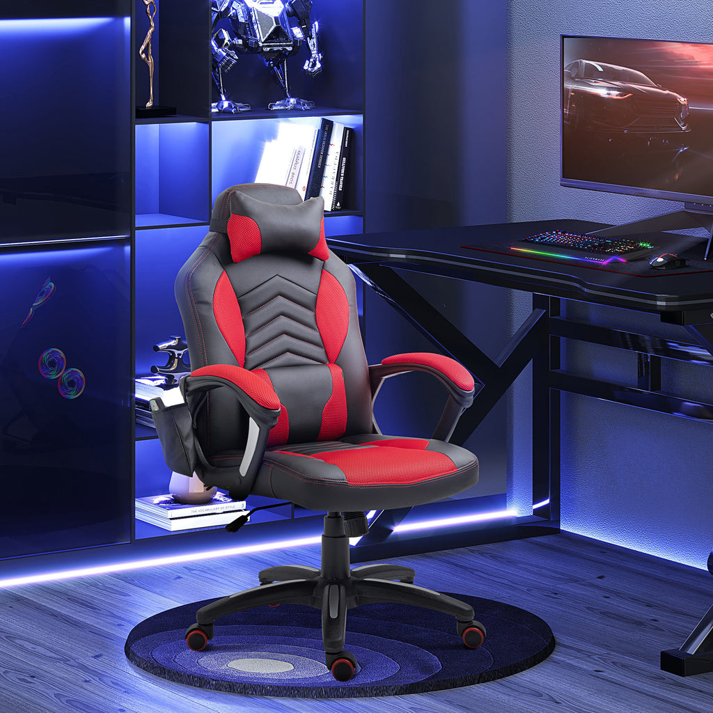 Cadeira de Escritório com 6 Pontos de Massagem e Aquecimento Cadeira Gaming Ergonómica com Altura Ajustável Apoio de Cabeça e Almofada Lombar 68x69x108-117 cm Preto e Vermelho — foto 2