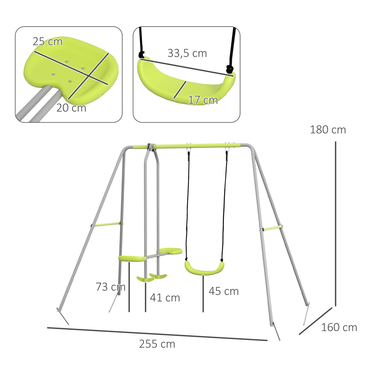 Baloiço para Crianças Baloiço Jardim com 1 Baloiço Simples 1 Planador e Anti-UV Baloiço Infantil Carga 135 kg 255x160x180 cm Cinza e Verde — foto 3