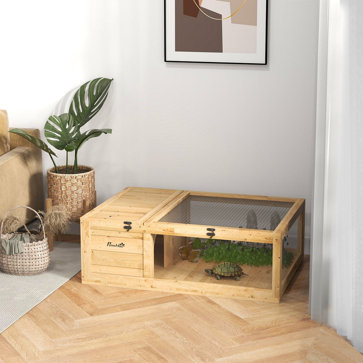 Casa para Tartarugas de Madeira Terrario para Reptéis com Teto de Malha Painéis Laterais Transparentes e Trava de Segurança 91x60,5x32 cm Madeira — foto 2