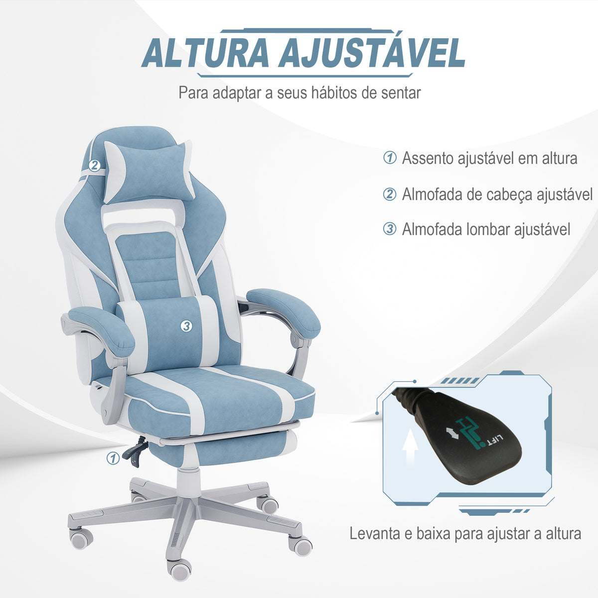 Cadeira Gaming Reclinável com Altura Ajustável, Apoio para os Pés Retrátil, Suporte Lombar e Almofada de Cabeça Removível, para Escritório ou Estudo, Azul — foto 4