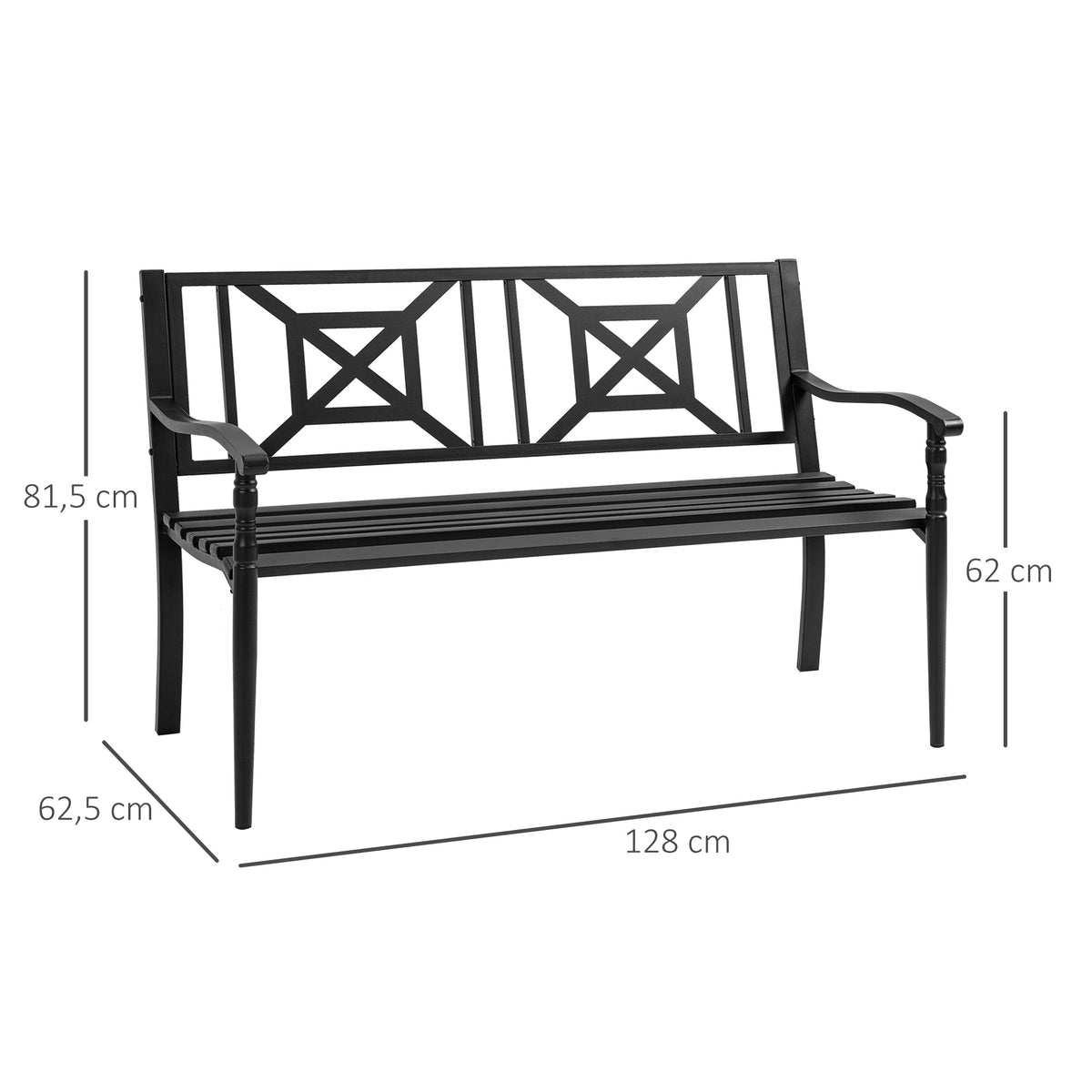 Banco de Jardim de 2 Lugares Banco de Exterior de Aço com Apoio para os Braços e Encosto Decorativo para Terraço Varanda Pátio Carga 280kg 128x62,5x81,5cm Preto — foto 3