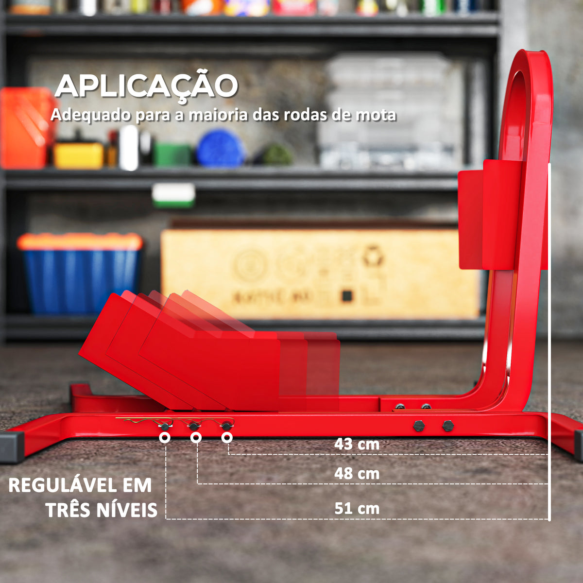 Suporte para Mota Carga 250 kg Suporte para Roda Dianteira de Moto Ajustável em 3 Níveis de Metal Robusto para Rodas ∅43, 48, 53 cm Vermelho — foto 4