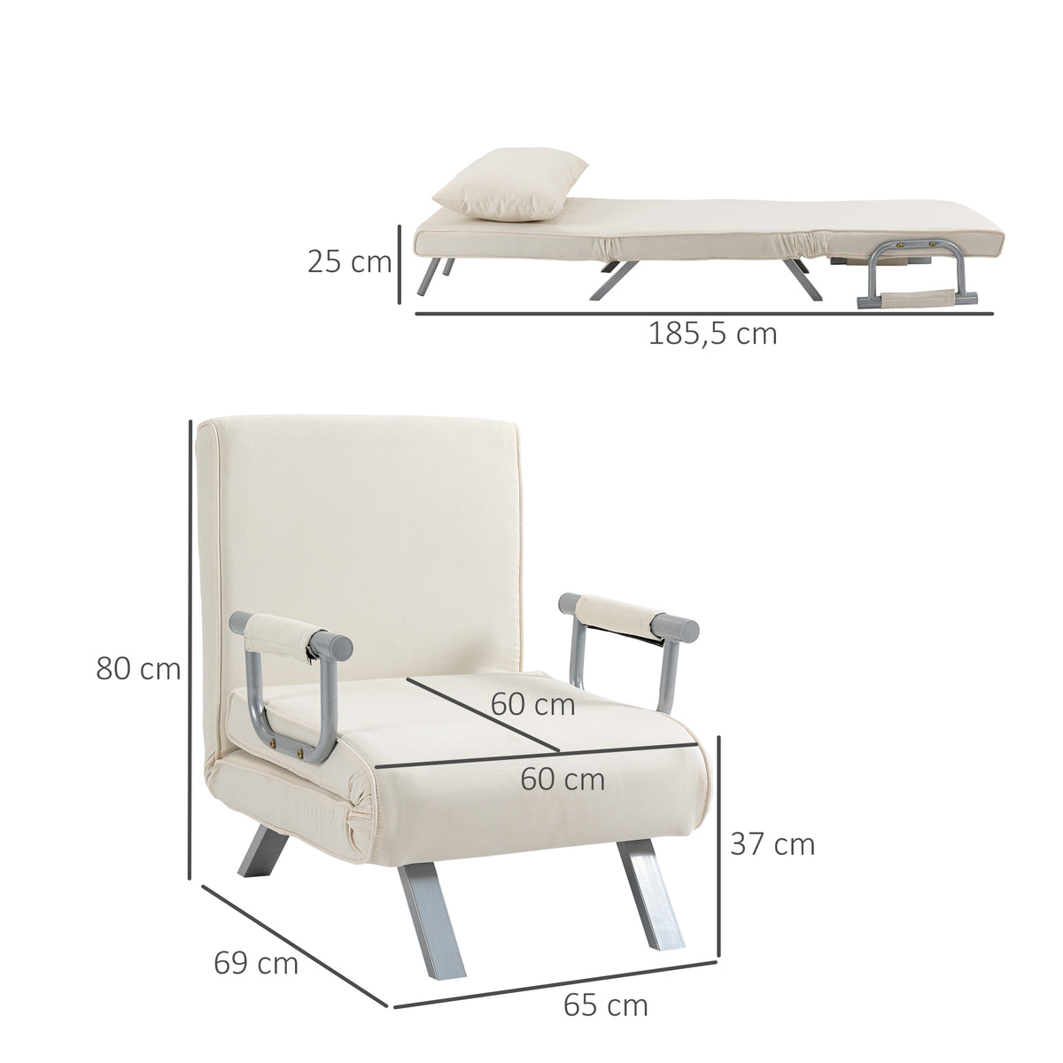 Sofá Cama Individual Poltrona Cama Individual Sofá Reclinável com Almofada para Sala Quarto Escritório Carga 100 kg 65x69x80 cm Creme — foto 3