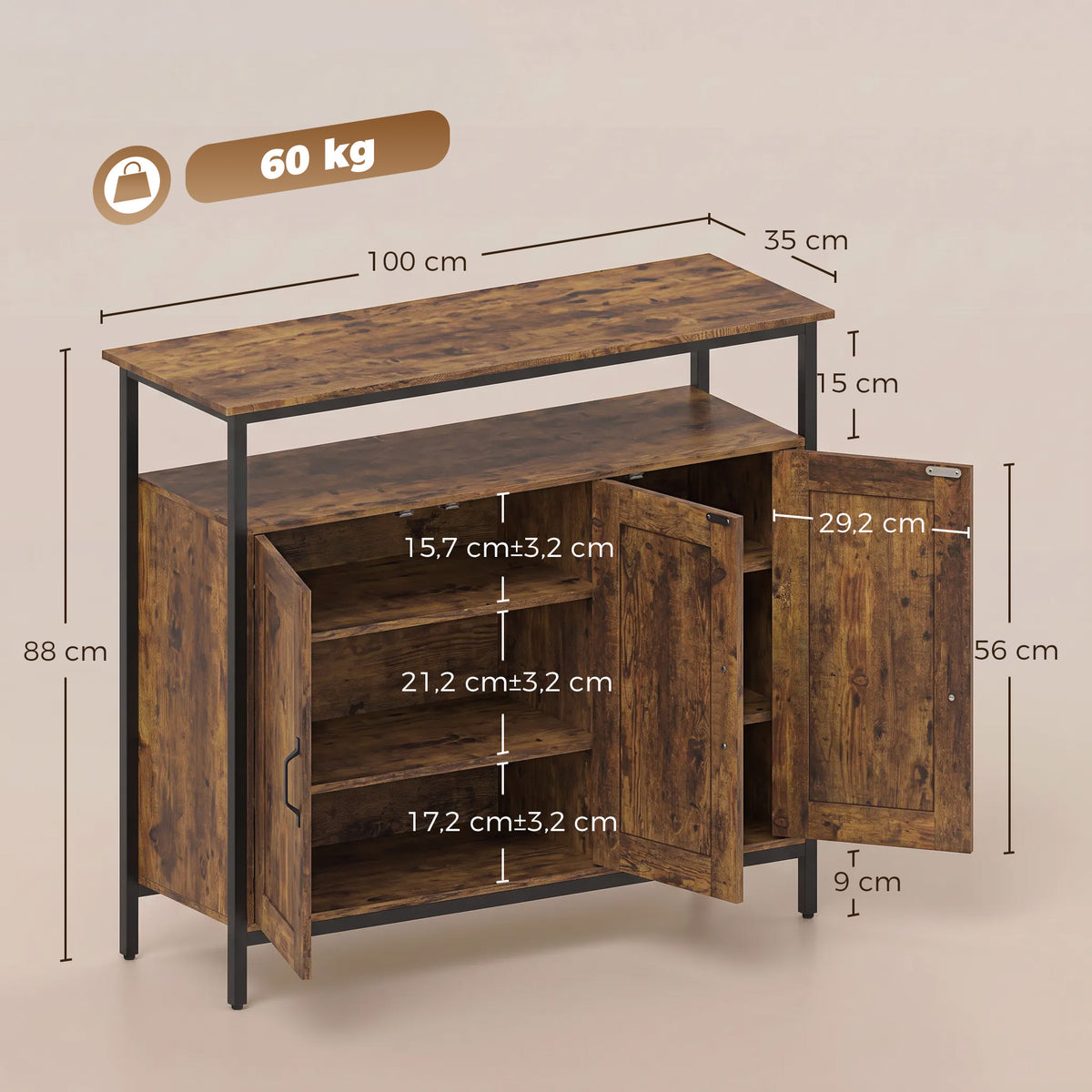 Credenza de Cozinha com Prateleira Aberta e 2 Armários, em Madeira e Aço, 100x35x88 cm, Marrom Rústico — foto 2