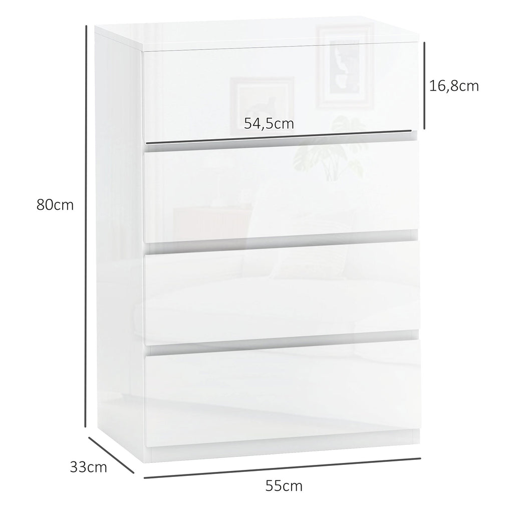 Cómoda com 4 Gavetas de Madeira Cómoda de Dormitório Cómoda Branca para Sala de Estar Estilo Moderno 55x33x80 cm Branco Brilhante — foto 3