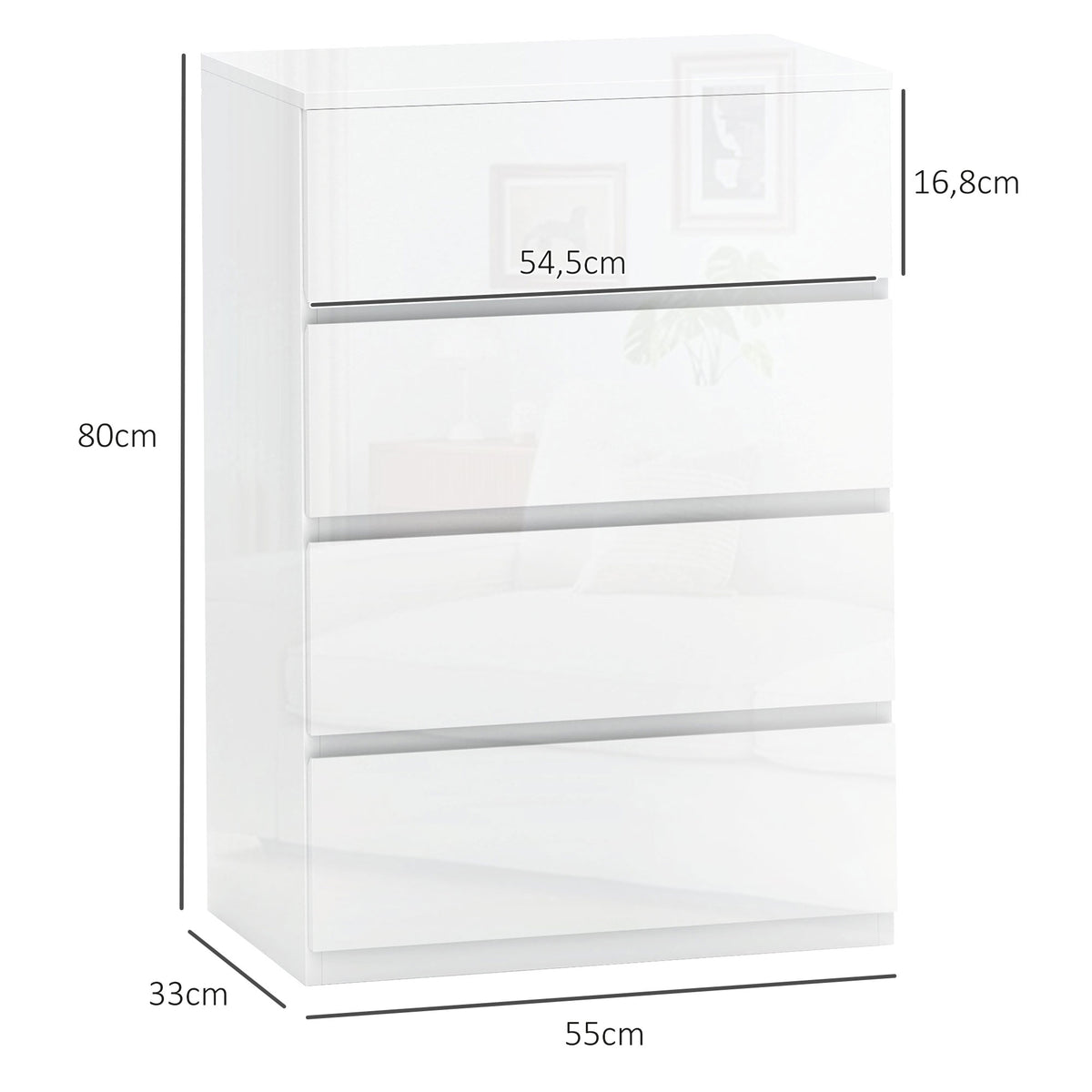 Cómoda com 4 Gavetas de Madeira Cómoda de Dormitório Cómoda Branca para Sala de Estar Estilo Moderno 55x33x80 cm Branco Brilhante — foto 3