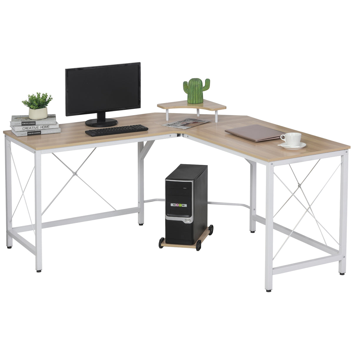 Secretária de Escritório em Forma de L Secretária com Suporte para CPU e Estrutura de Reforço em Forma de X 150x150x76cm Madeira e Branco — foto 1