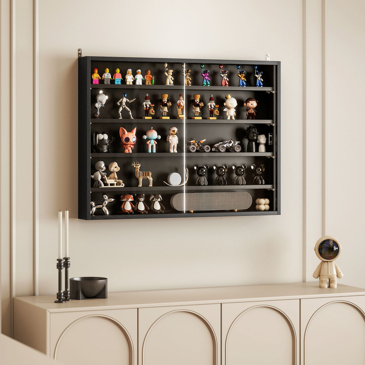 Vitrine de Parede de Madeira com Prateleiras Ajustáveis e 2 Portas Corredeiras de Vidro para Coleções Perfumes Bonecos de Decoração 80x9,5x60cm Preto - Modelo 1 — foto 8