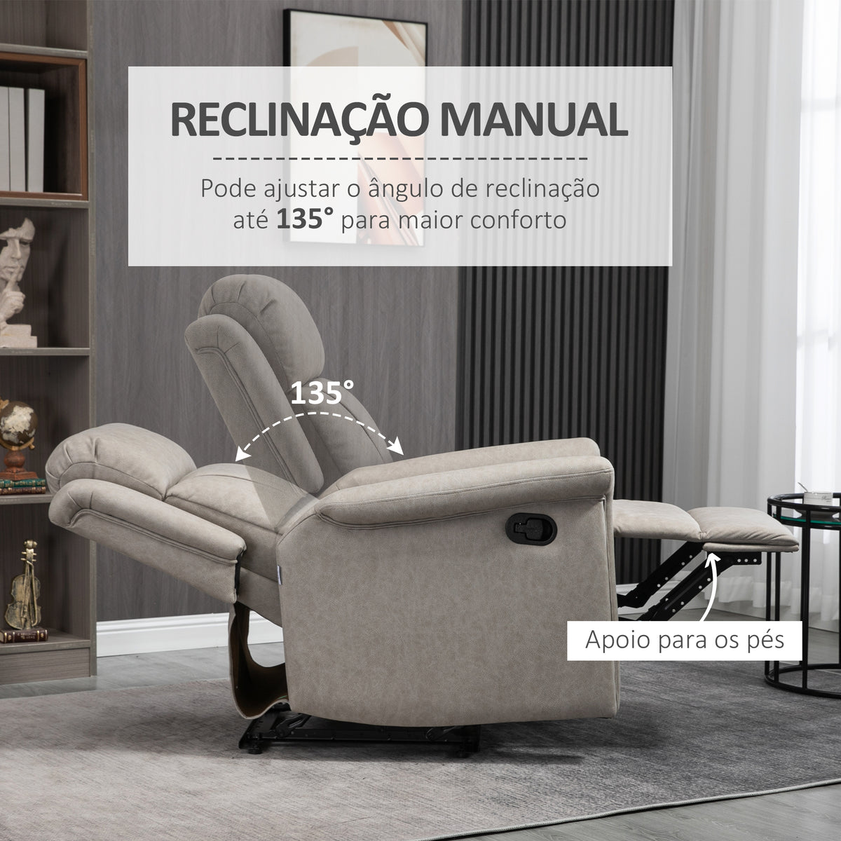 Poltrona Relax Reclinável Manual Poltrona Relax em Tecido com Apoios de Braço Apoio para os Pés Encosto Alto Almofadada Poltrona Reclinável até 135º para Sala Quarto, Escritório 78x96x102 cm Cinza — foto 4