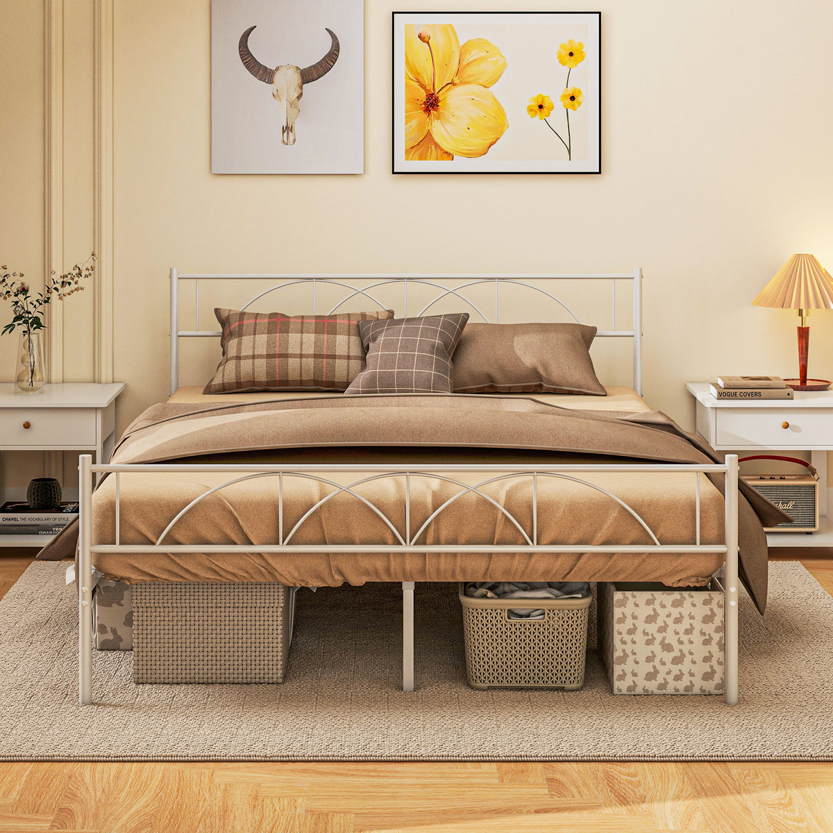 Cama de Casal 135x190 cm Estrutura Metálica com Cabeceira Ripas Altura 28 cm Espaço de Arrumação Capacidade 330 kg Branco — foto 2