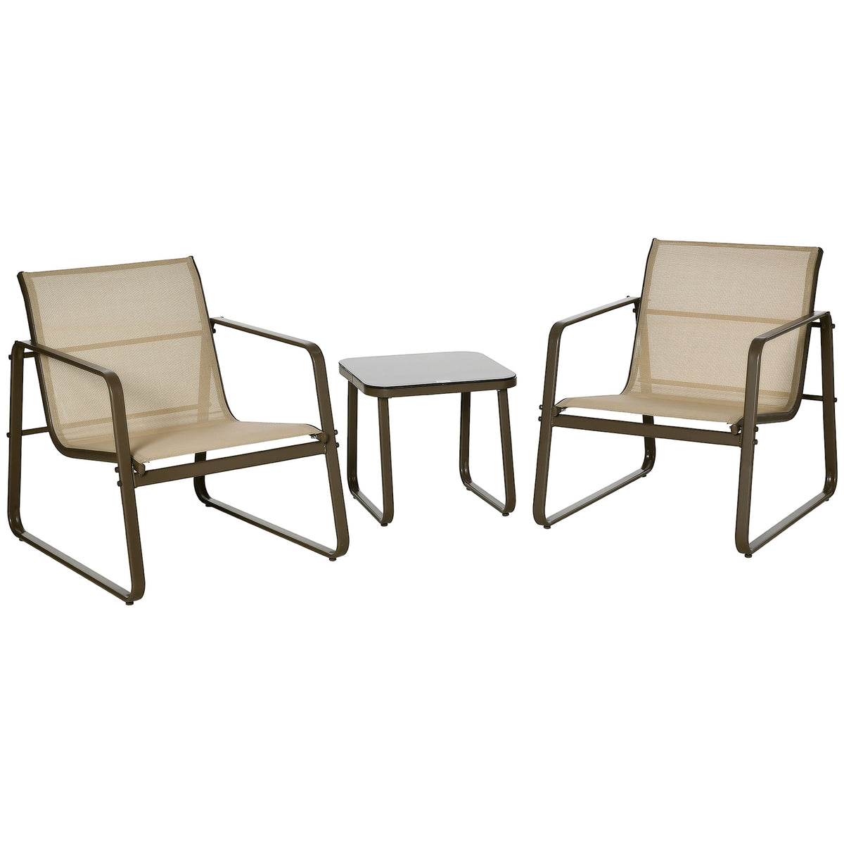 Conjunto de Móveis de Jardim 3 Peças Mesa de Vidro Temperado 43x43x41cm e 2 Cadeiras 62x78x75cm com Apoio para os Braços e Encosto Respirável para Terraço Balcão Bege — foto 1