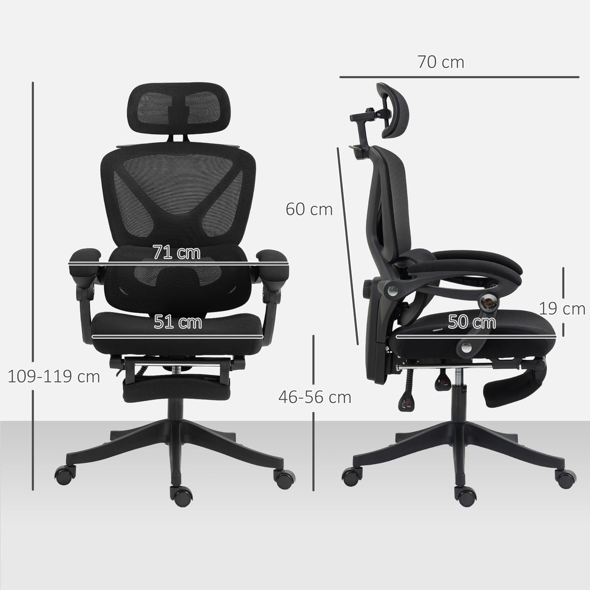 Cadeira de Escritório de Malha Cadeira de Secretária Reclinável com Apoio para a Cabeça Suporte Lombar Apoio para os Pés e Altura Regulável Função de Inclinação Suporta até 135 kg 71x70x109-119 cm Preto — foto 3